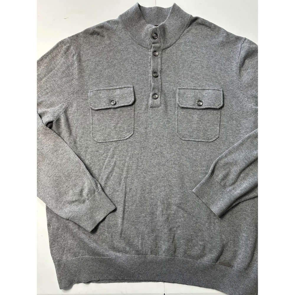 Michael Kors Mens XXL Gray Cotton Button Mock Neck Sweater Chest Pockets